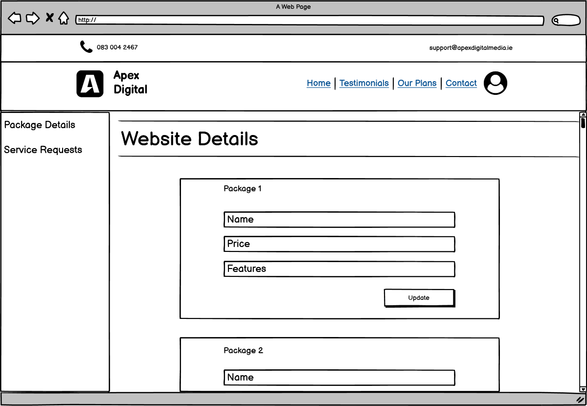 Wireframe of admin package details page